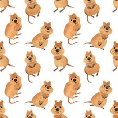 Seamless pattern of cute kawaii hand drawn watercolor art. Collection of smiling australian quokka. Isolated on white background