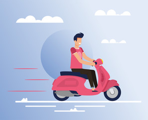 Fototapeta na wymiar Happy Smiling Young Man Character Driving Flat Moped at Night or Evening. Huge Cartoon Moon on Gradient Sky Backdrop. Guy Enjoying Trip on Scooter. Romantic Nature Scene. Vector Illustration