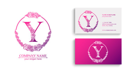 Letter Y logo or monogram. For your business. Vector sign. Floral style, beautiful roses. Personal logo.
