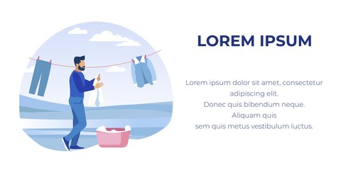 Bearded Young Man, Casually Dressed, Trying to Keep Household Alone, Hanging Clean Laundry up on Line Outdoors, Taking It out of Pink Basket. Illustration with Copy Space for Your Text.