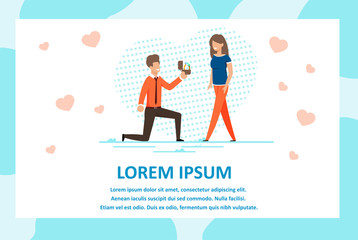 Greeting Flat Poster with Advertising Text. Cartoon Couple in Love Characters. Knee Man Makes Marriage Proposal with Engagement Ring. Happy Woman Surprised. Vector Illustration. Sweet Hearts Design