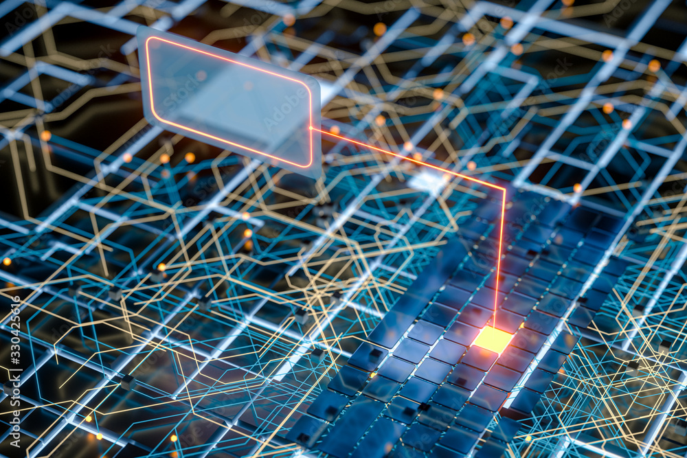 Poster circuit board and current data, data background, 3d rendering.