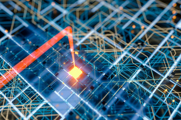 Circuit board and current data, data background, 3d rendering.
