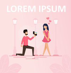 Man Makes Woman Marriage Proposition Standing on One Knee. Beautiful Cartoon People Character in Love. Romantic Dating. Flat Street with Lanterns. Poster with Editable Title. Vector Illustration