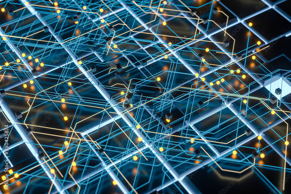 Poster circuit board and current data, data background, 3d rendering.