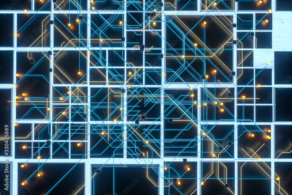 Poster circuit board and current data, data background, 3d rendering.