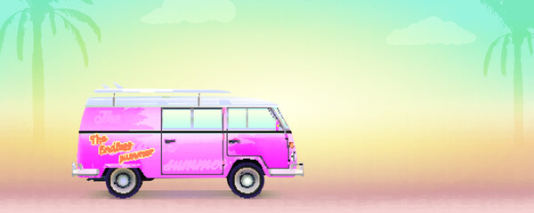 Retro bus with surfboard. Pink beach van with sticker the endless summer. Blurred tropical background. Summer sunset and palms. Volumetric icon. Vector 3d illustration, EPS 10 © eriksvoboda