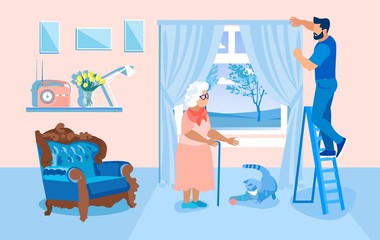 Prompt Banner, Domestic Help for Elderly Woman. In House with Retro Furniture and Things, Man Stands Stepladder and Helps his Grandmother around House, and Straightens Curtains. Cat Playing in House.