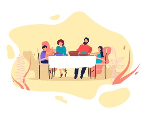 Happy Family Parents and Kids Eating and Chatting Sitting at Table with Food. Mom, Dad and Children Loving Relations, Happiness, Communication. People Having Dinner. Cartoon Flat Vector Illustration