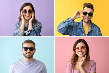 Collage of photos with young people wearing stylish sunglasses