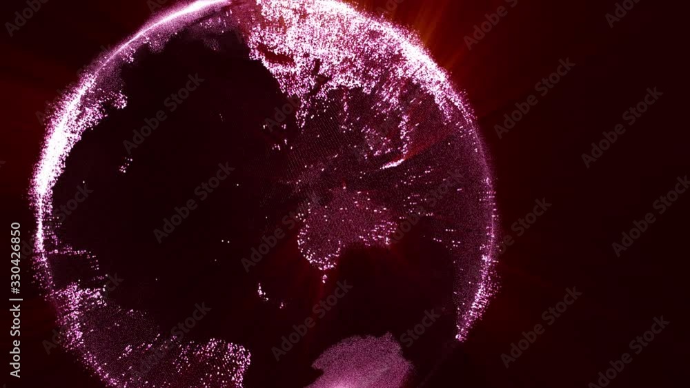 Poster 3d rendering, animation of particle red global world spin in dark background.