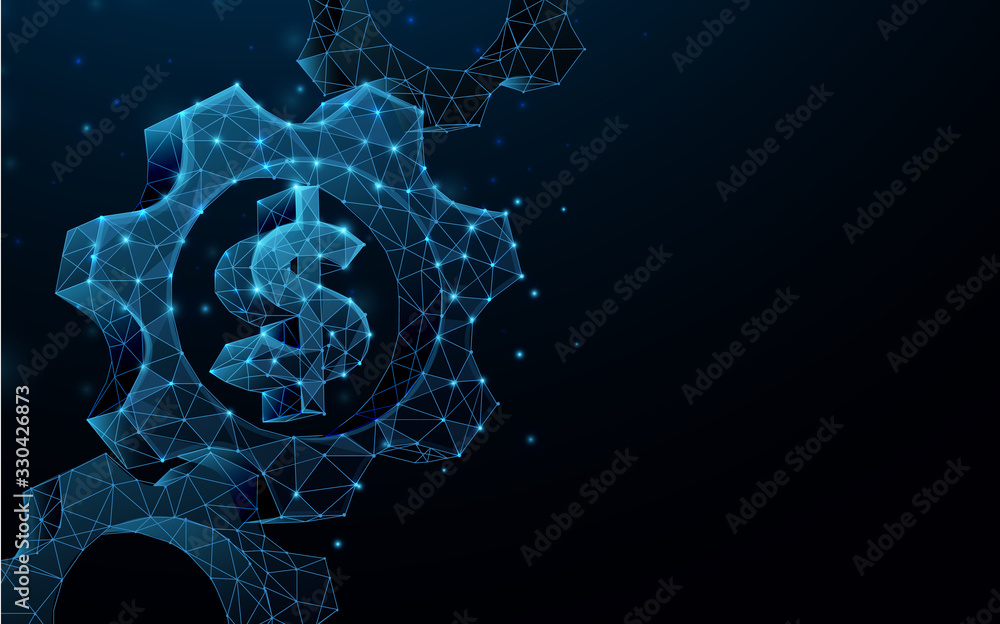 Poster 3d of gears with money sign from wireframe form. technology and engineering. vector illustration