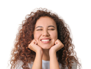 Happy woman with healthy teeth on white background