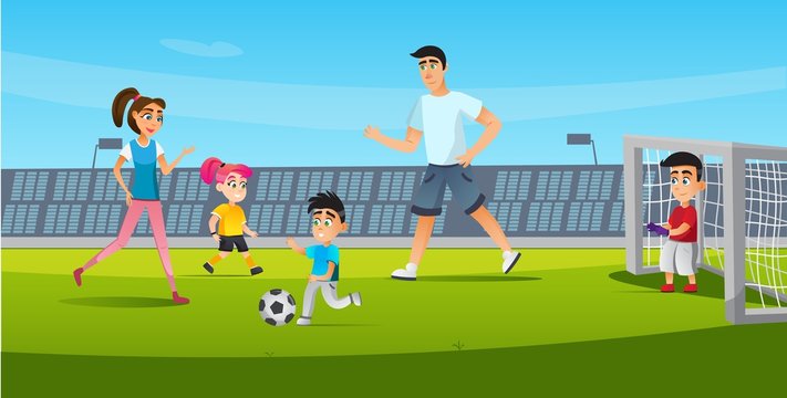 Happy Family Play Football Game at Stadium Vector Illustration. Cartoon Father Mother Daughter Son Play Soccer. Sport Leisure Activity. Man Woman Children Training on Green Grass Field