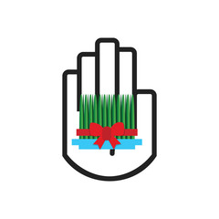 Isolated black line hand symbol holding green wheat plate with red bow - Persian New Year Haft Sin item - on white background