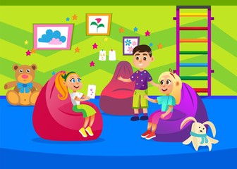 Children Sitting on Chairs and Having Communication Together Flat Cartoon Vector Illustration. Girl Reading Postcard with Hearts. Friends in Play Room. Teenagers in Club. Toys and Pictures.