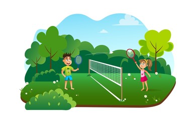 Children Playing Badminton on Fresh Air Flat Cartoon Vector Illustration. Girl and Boy Holding Rackets and Shuttlecock. Rest in Summer Camp. Active and Healthy Lifestyle Concept. Kids Pair on Nature.