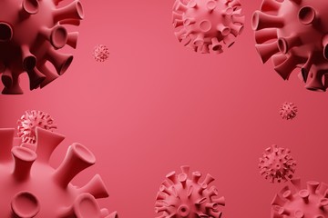 Coronavirus cell Covid-19 outbreak. 3D render Influenza background as red dangerous flu strain cases as a pandemic medical health risk concept.Floating China pathogen