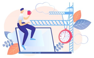 Cartoon Man Drink Coffee Watch Clock on Crane Vector Illustration. Deadline Symbol Project Finish Date Reminder. Work Delay Procrastination. Task Control Service. Time Management Schedule