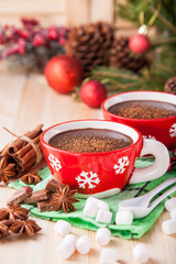 hot chocolate in a cup on a Christmas background, selective focus, copy space