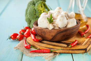 mushrooms and vegetables on a table, selective focus, copy space