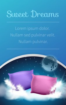 Pink and Purple Downy Pillow on Galaxy Background and Text. Cotton Pillowcase. Orthopedic Pillow. Healthy Sleep. Sweet Dreams. Advertising Image. Mamory Form. Healty Lifestyle. Vector Illustration.