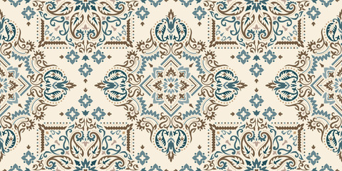Rectangular seamless Bandana Print vector design for rug, carpet, tapis, shawl, towel, textile, yoga mat. Neck scarf or kerchief pattern design. Traditional ornamental ethnic pattern with paisley. - 330429892