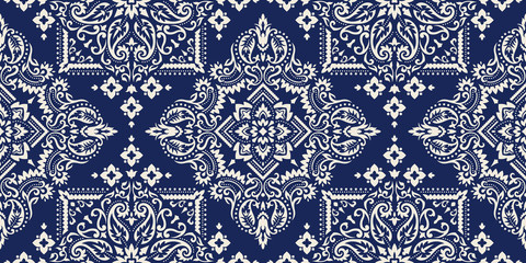 Rectangular seamless Bandana Print vector design for rug, carpet, tapis, shawl, towel, textile, yoga mat. Neck scarf or kerchief pattern design. Traditional ornamental ethnic pattern with paisley. - 330429895