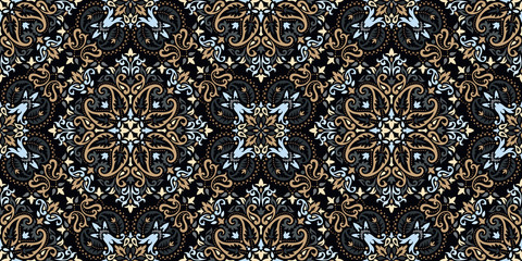 Rectangular seamless Bandana Print vector design for rug, carpet, tapis, shawl, towel, textile, yoga mat. Neck scarf or kerchief pattern design. Traditional ornamental ethnic pattern with paisley. - 330430023
