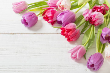 beautiful  tulips on white wooden background