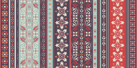 Rectangular seamless Bandana Print vector design for rug, carpet, tapis, shawl, towel, textile, yoga mat. Neck scarf or kerchief pattern design. Traditional ornamental ethnic pattern with paisley. - 330430223