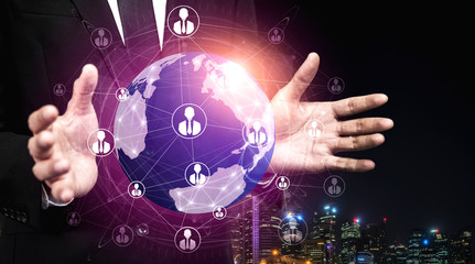 People network and global communication concept. Business people with modern graphic interface of...
