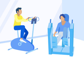 Cardio Training and Leg Exercising on Gym Machine in Rehabilitation Center. Sportsman, People with Physical Disorders, Person after Injure, Human with Craniological Problem. Vector Flat Illustration