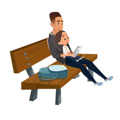 Cartoon Father Sitting on Wooden Bench with Little Son Vector Illustration. Boy Play Digital Device. Dad Hold Mobile Phone Smartphone. Happy Family Together. Fatherhood Parenthood. Baby Care.