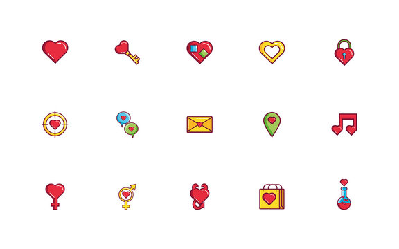 bundle of valentines day line and fill style set icons