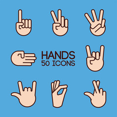 Fototapeta premium bundle of hands signals line and fill style in blue background