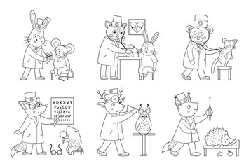 Set of vector outline animal doctors treating patients. Cute funny characters. Medicine coloring page for children. Hospital scenes isolated on white background.