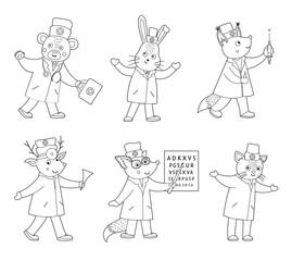 Naklejka premium Set of vector outline animal doctors. Cute funny characters. Medical coloring page for children. Hospital scenes isolated on white background.