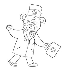 Vector outline bear doctor going with first aid kit and waving his hand. Cute funny animal character. Medicine coloring page for children. Healthcare icon isolated on white background.