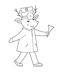 Vector outline animal doctor. Cute funny deer character. Medical coloring page for children. Hospital illustration isolated on white background. .