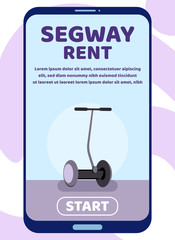 Segway Rent Advertisement. Urban Eco Friendly Cartoon Self Balanced Electric Board Vehicle Unite. Mobile Design Landing Page for Online Shop with Start Button. Rental Service. Vector Flat Illustration