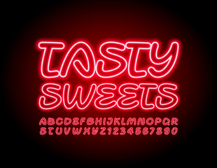Vector red electric logo Tasty Sweets. Glowing electric Font. Neon Alphabet Letters and Numbers