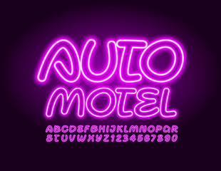 Vector neon sign Auto Motel with purple electric Font. Glowing Alphabet Letters and Numbers