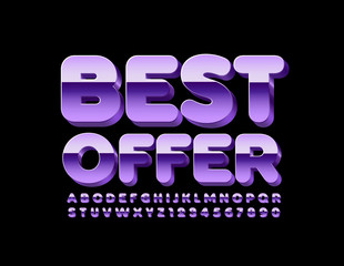 Vector purple banner Best Offer. Reflective metal Font. 3D Alphabet Letters and Numbers