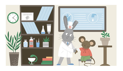 Vector hospital ward. Funny animal doctor making bandage in clinic office. Medical interior flat illustration for kids. Health care concept.