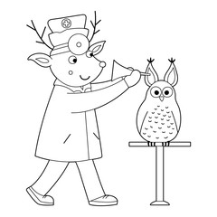 Vector outline animal doctor treating patient. Deer checking owl’s ears. Cute funny characters. Medicine coloring page for children. Hospital scene isolated on white background.