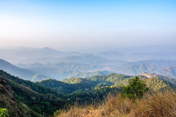 beautiful nature of hills and mountains complex with morning mist atmosphere.