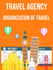 Travel Agency Banner with Tourist Attractions. Tour Operator Vector Poster. Famous Landmarks Flat Drawing with Lettering. Pisa Leaning Tower, Big Ben on Boarding Pass, Air Ticket Background
