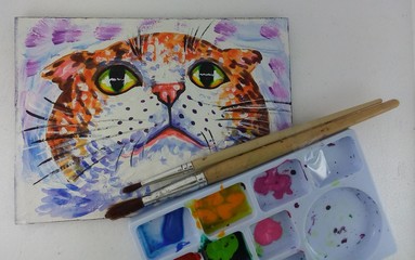 Art painting Acrylic color Smiling cute cat from Thailand