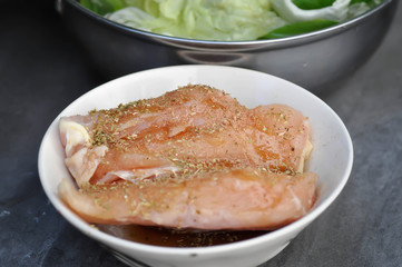 raw chicken, sliced chicken